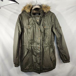 Be Boundless Womens Jacket, Faux Fur Lined Removable Hood Olive Coat Size L